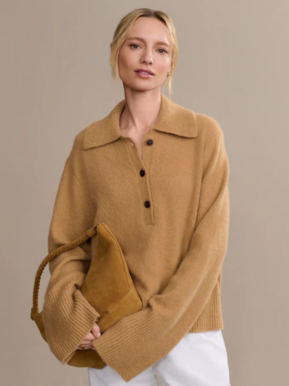 Jenni Kayne cashmere Stevie polo sweater Sz S in camel EUC ( altered sleeves)